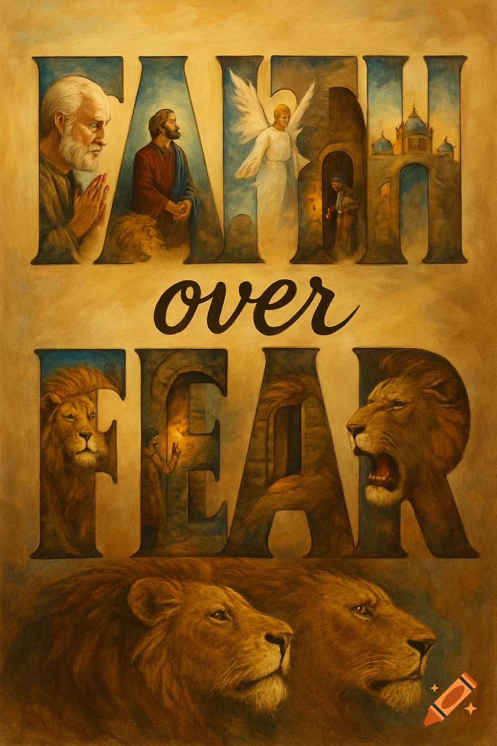 Illustration of the words 'FAITH over FEAR' with scenes from the story