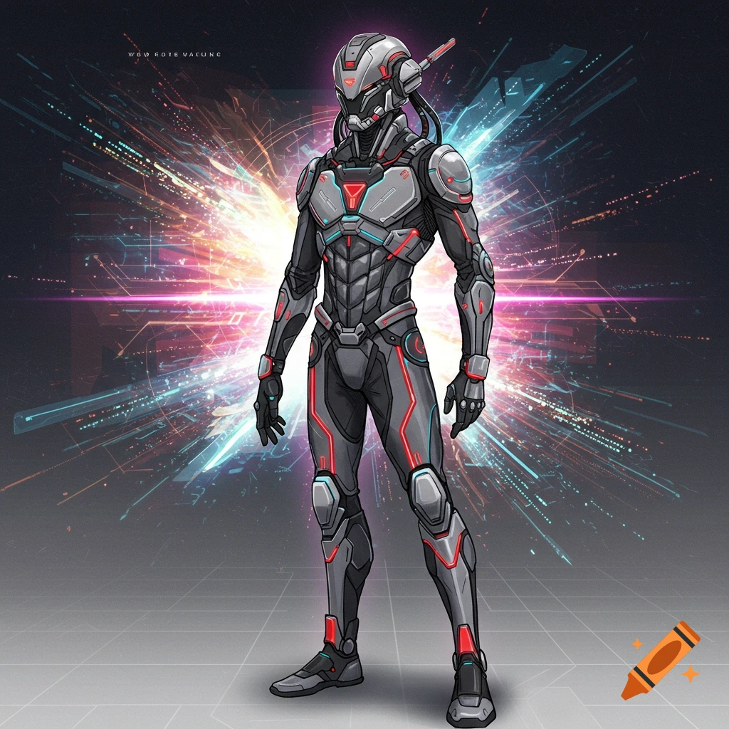 Character in a grey and red futuristic suit standing against a background of digital light streams.