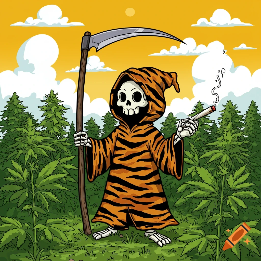 A cartoon Grim Reaper in tiger stripes holds a scythe and smokes a joint amidst cannabis plants.