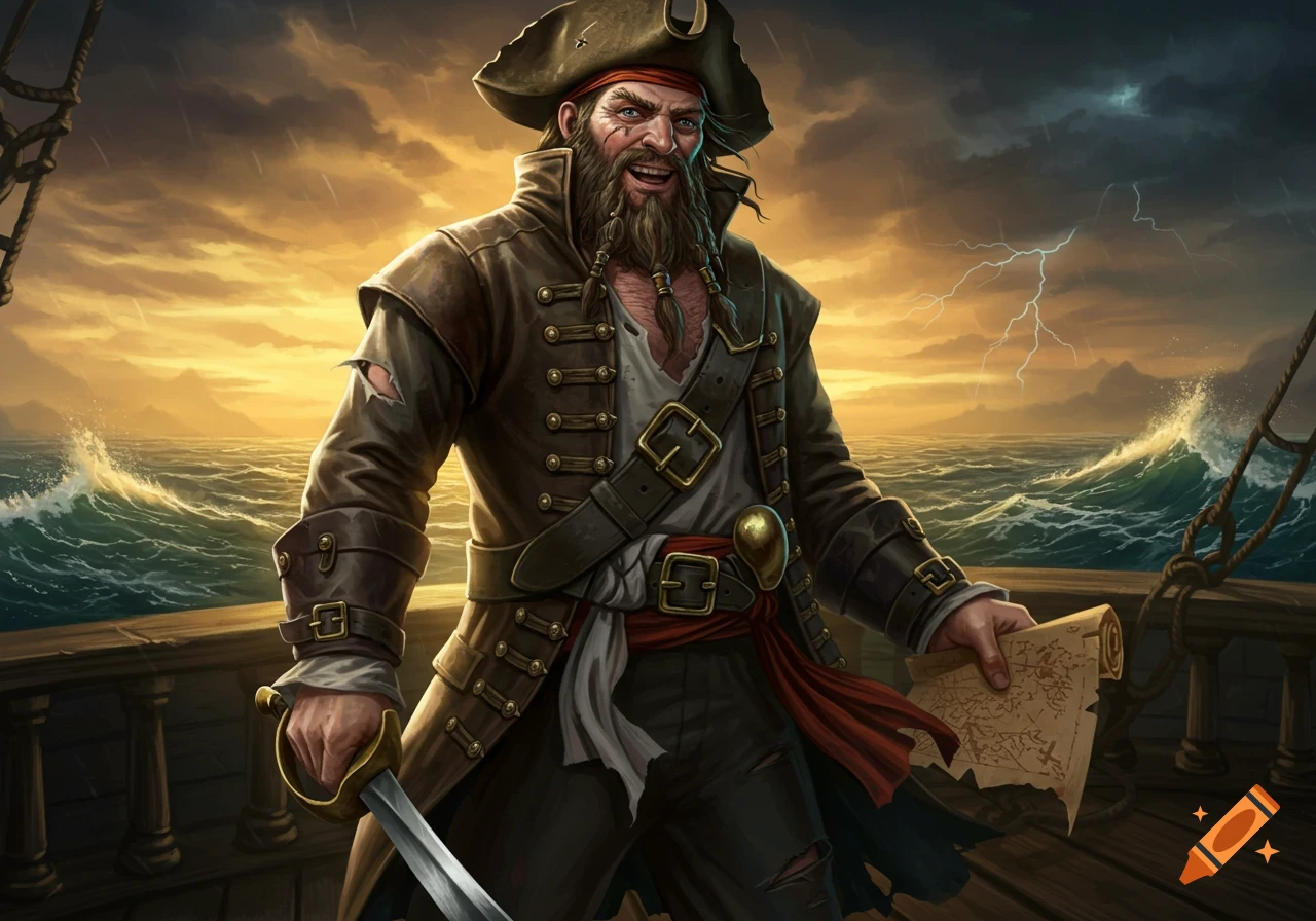 A rugged pirate stands on a ship deck holding a map and sword against a stormy sunset sky.