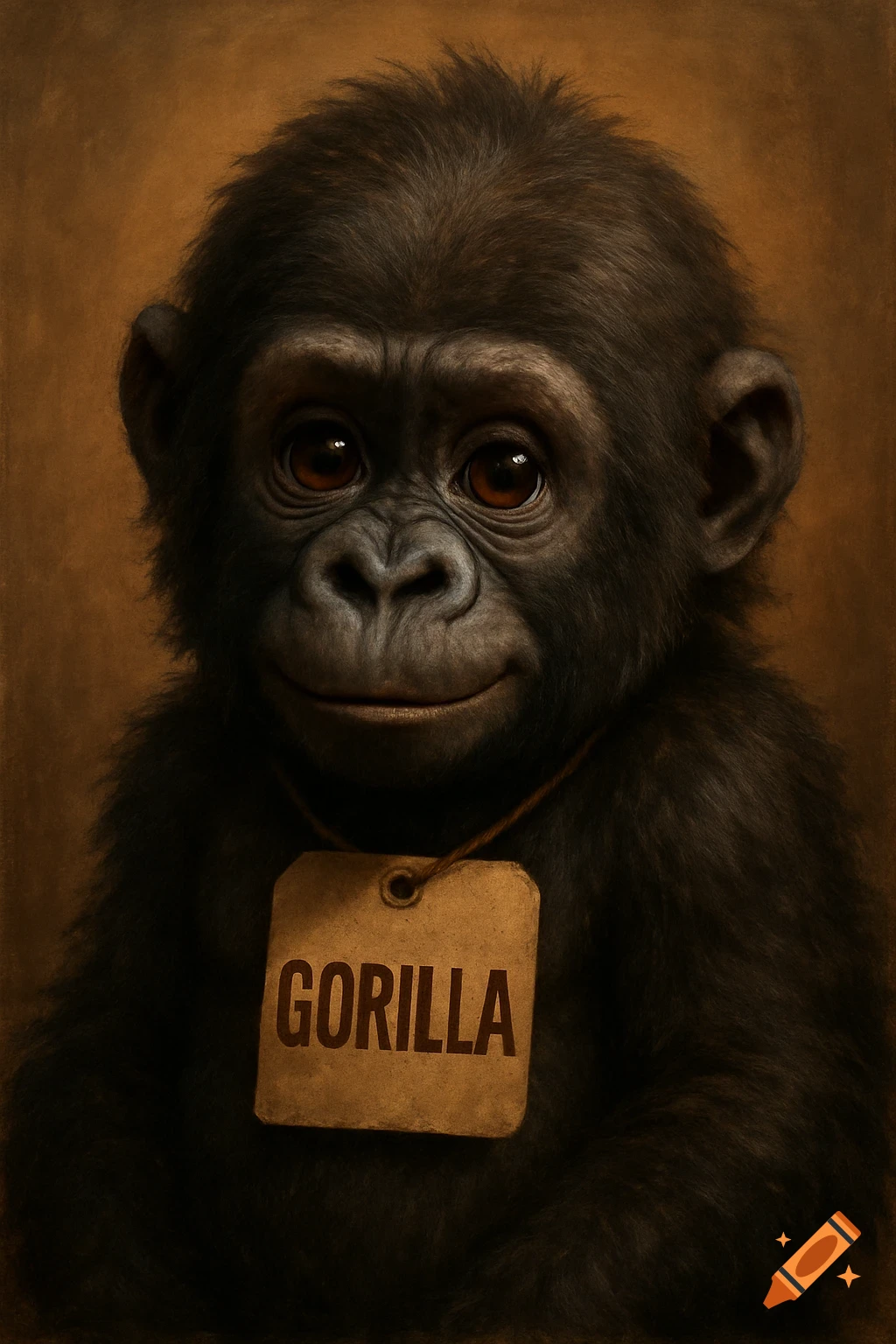 A cute baby gorilla wears a tag that says 'GORILLA'.
