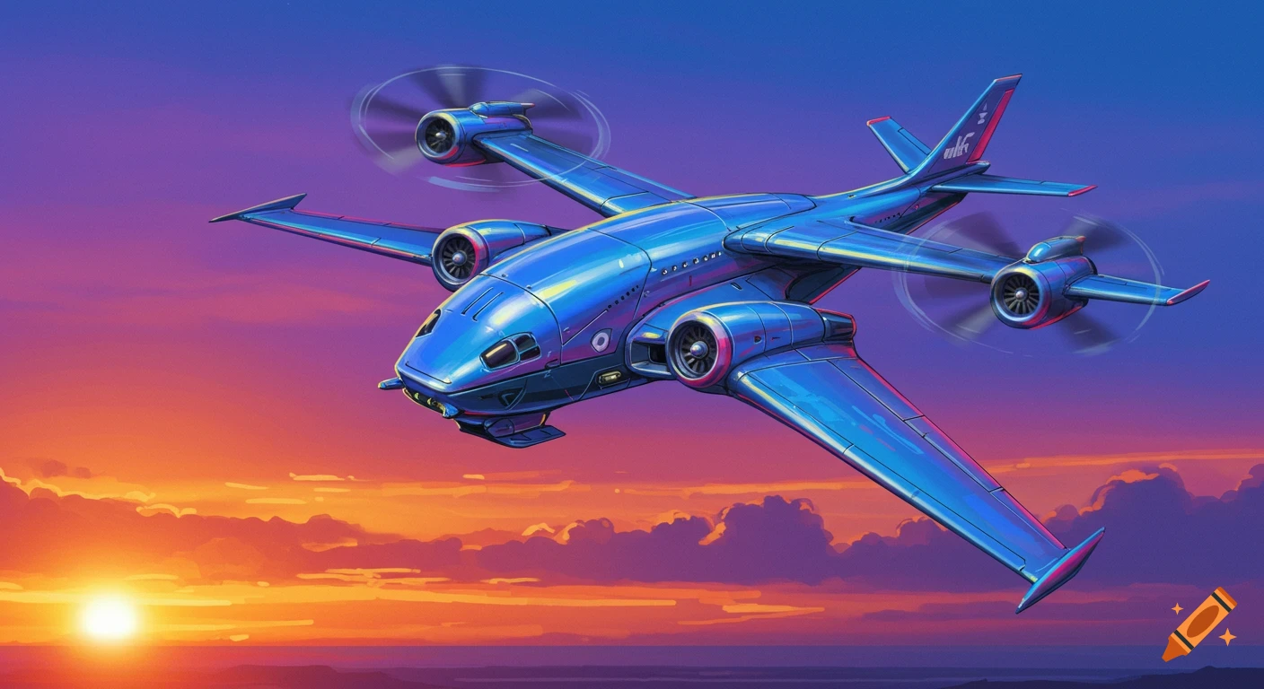 A blue futuristic aircraft with propellers flies against a vibrant orange and purple sunset sky.