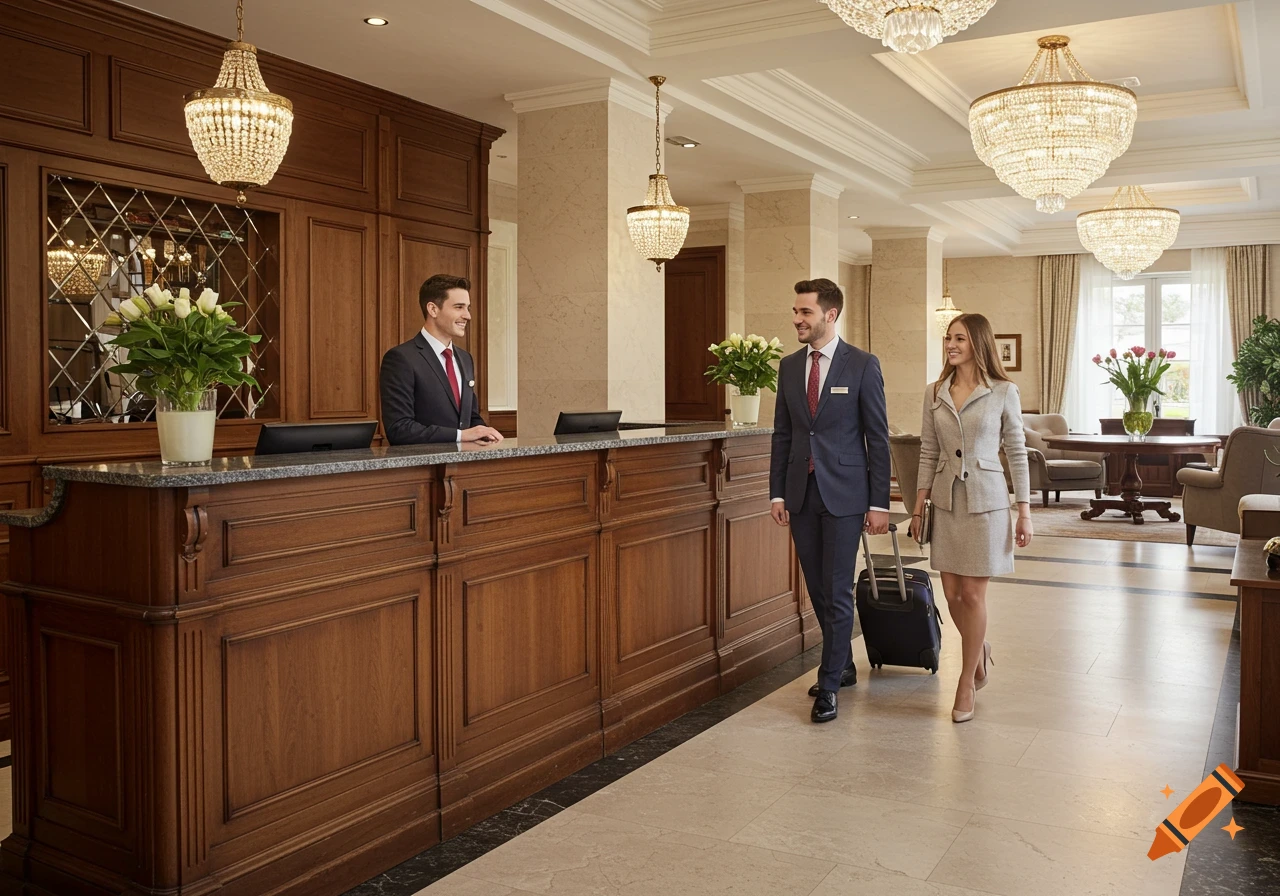 Luxurious hotel lobby with receptionist assisting a customer carrying luggage.