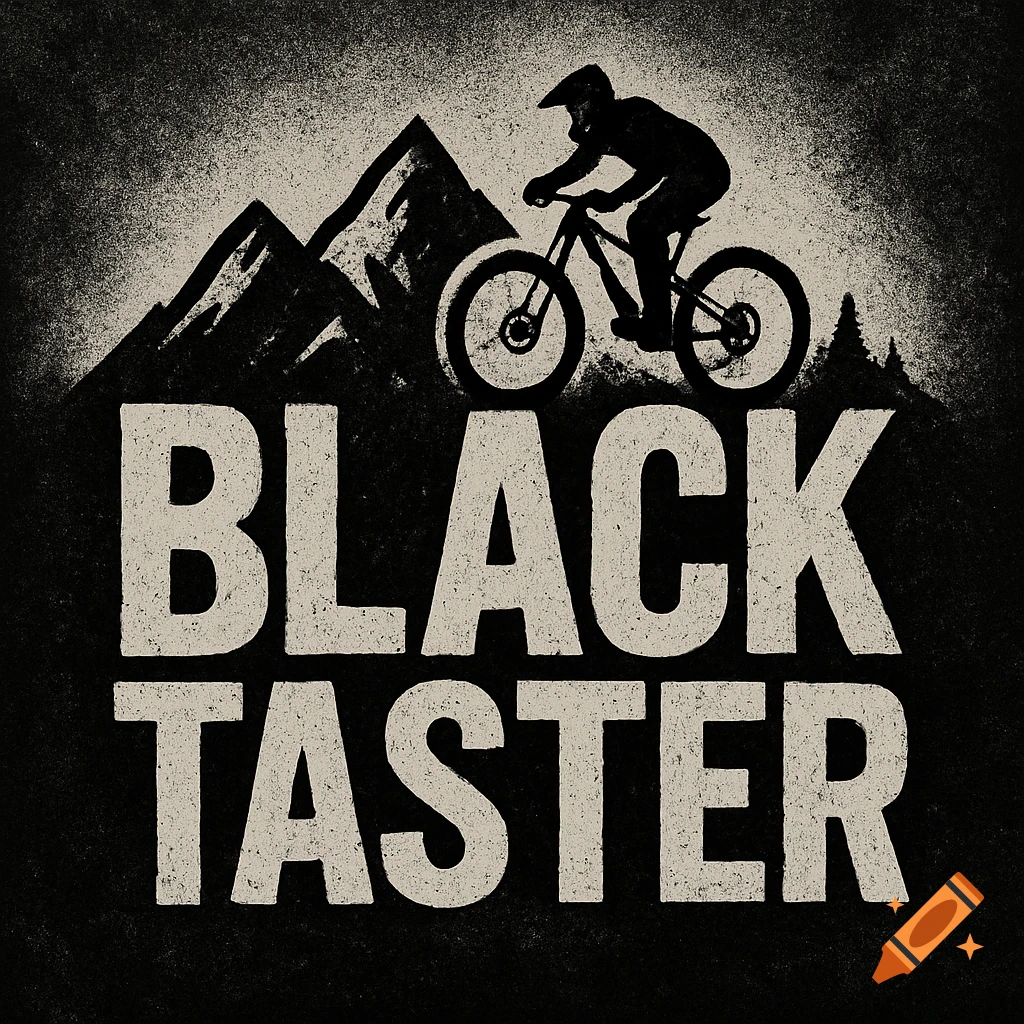 Distressed graphic of mountain biker silhouette over mountains and 'BLACK TASTER' text.