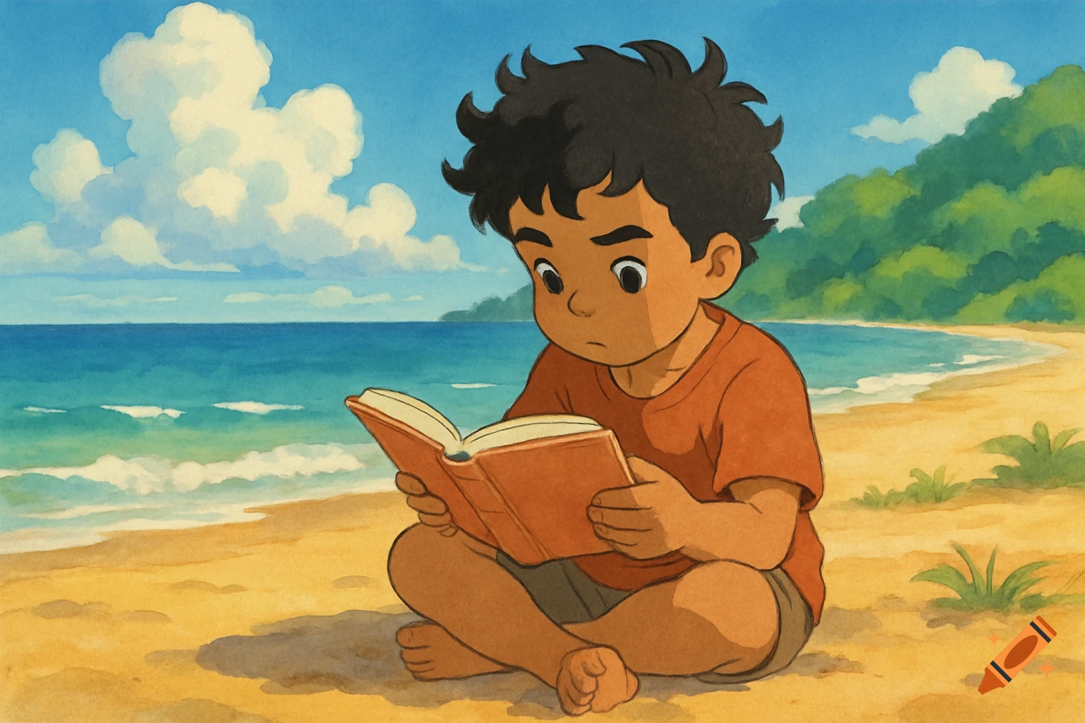 Young child reading a book on a sunny beach in anime style