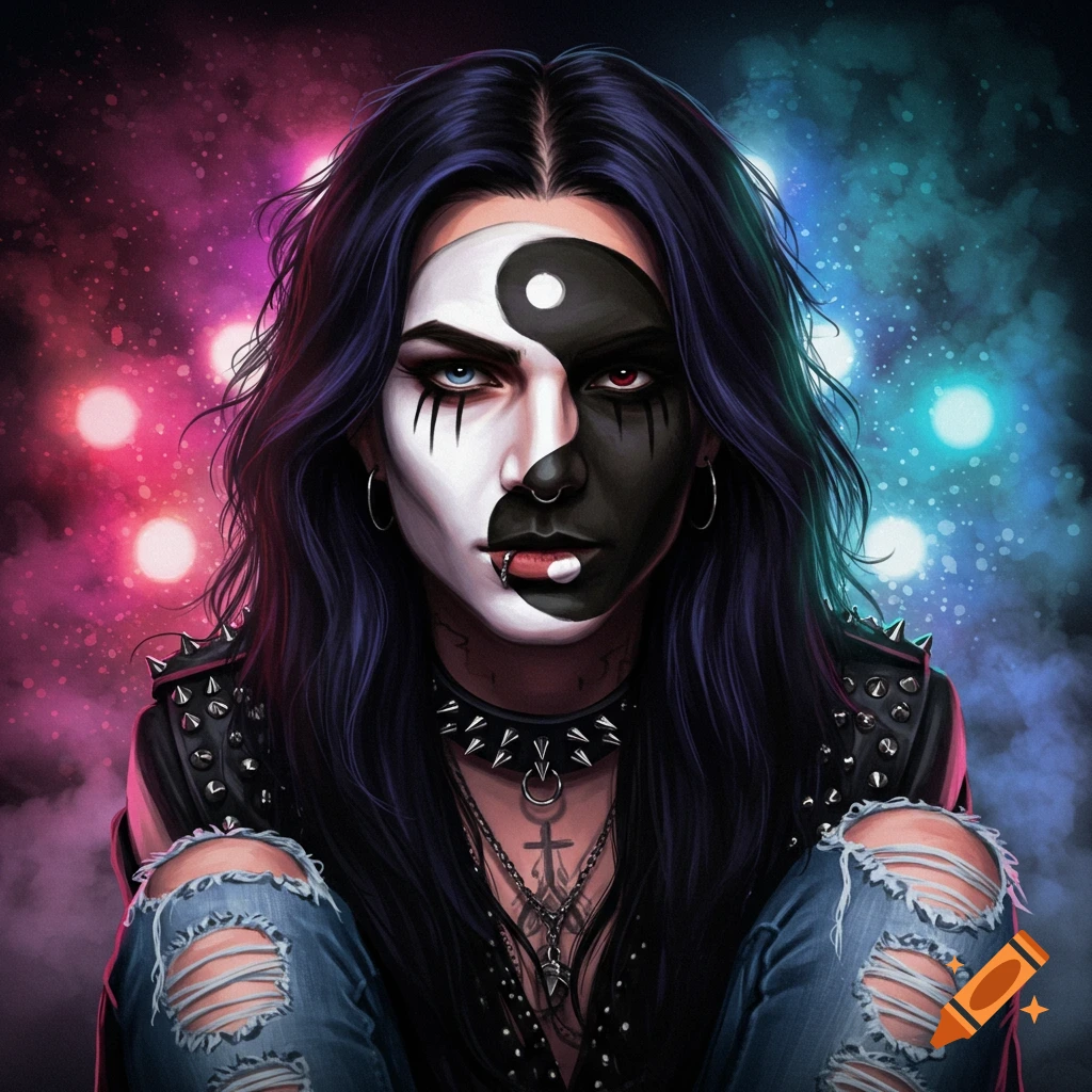 A close-up portrait of a person with dark hair and dramatic yin yang face paint, wearing a studded jacket and ripped jeans.