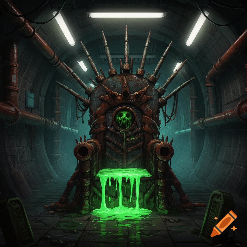 Grotesque metal throne with green slime in a dark, industrial tunnel.