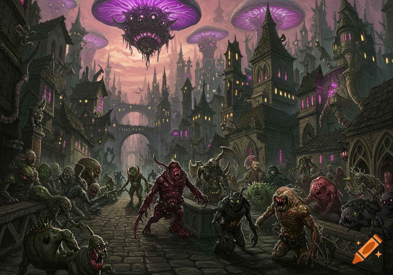 Grotesque monsters fill the street of a gothic fantasy city under glowing purple fungi in the sky