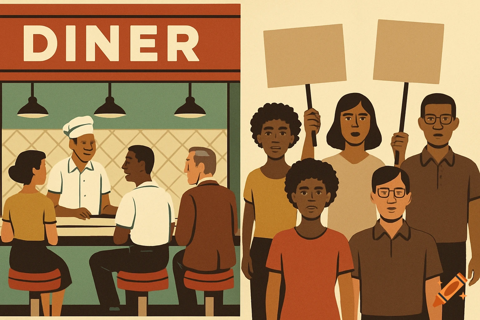 Illustration of people sitting at a diner counter and people standing with protest signs.