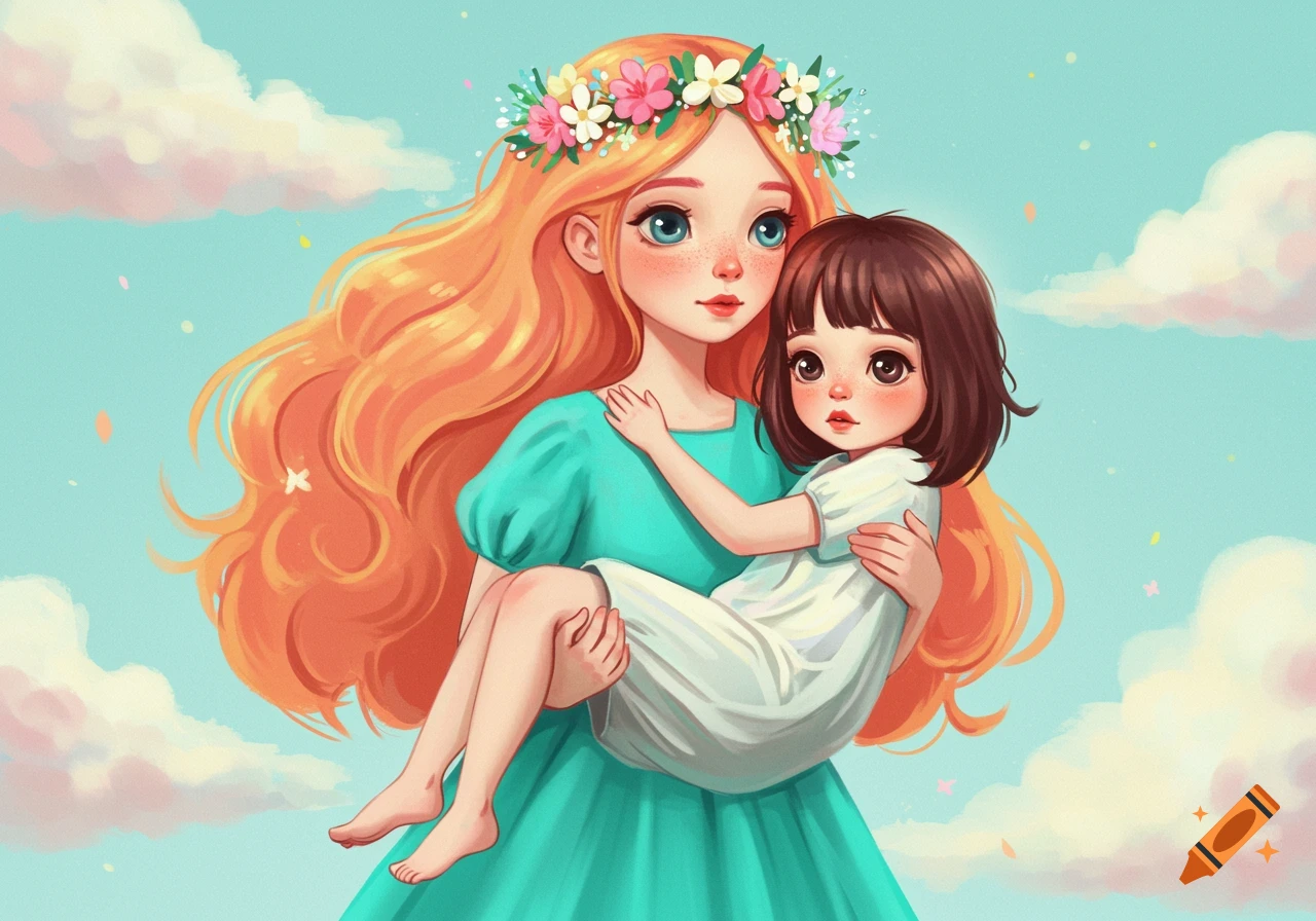 A stylized illustration of a girl with long orange hair holding a younger girl.