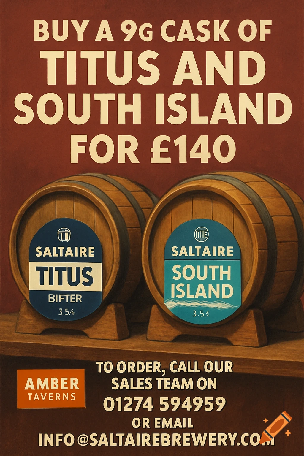 Advertisement for Saltaire Brewery beer deal featuring two wooden casks of Titus and South Island.