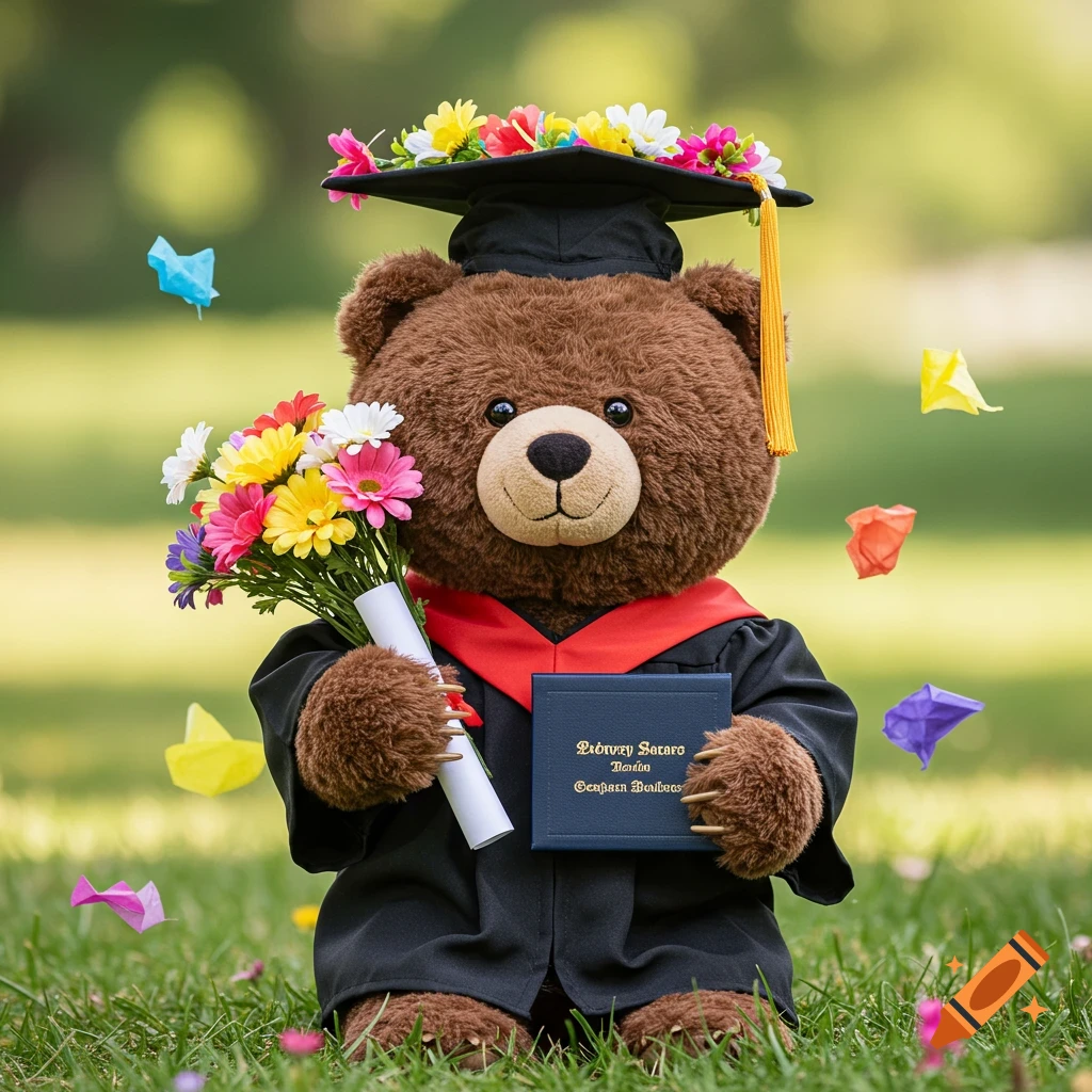 A brown teddy bear in graduation cap and gown sits in grass, holding flowers and a diploma, with confetti falling.