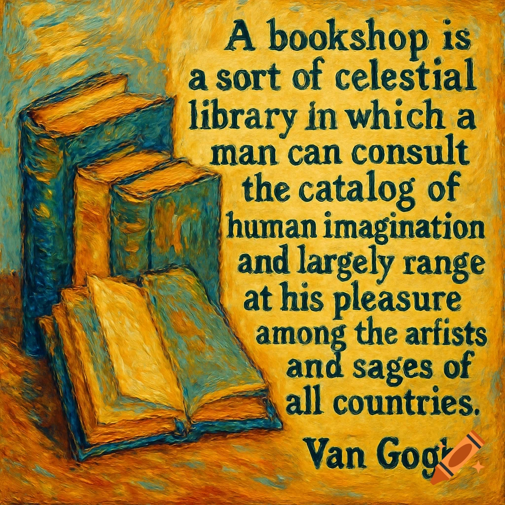 Painting of books with a quote in the style of Van Gogh.