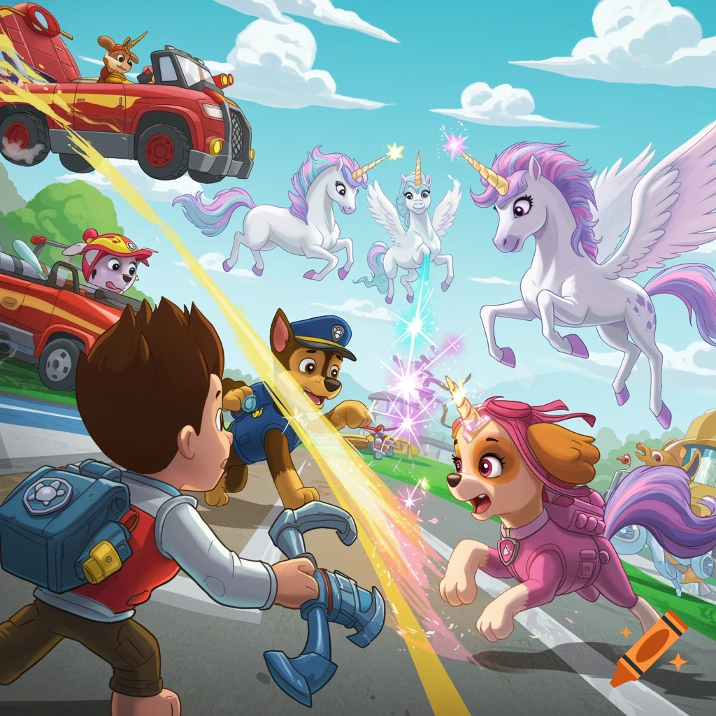 Paw Patrol characters Ryder, Chase, and Skye interact with unicorns in a colorful cartoon illustration.