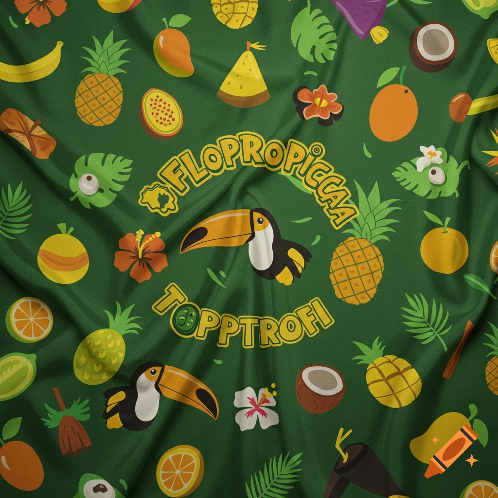 Green fabric with a tropical pattern of fruits, leaves, toucans, and text.