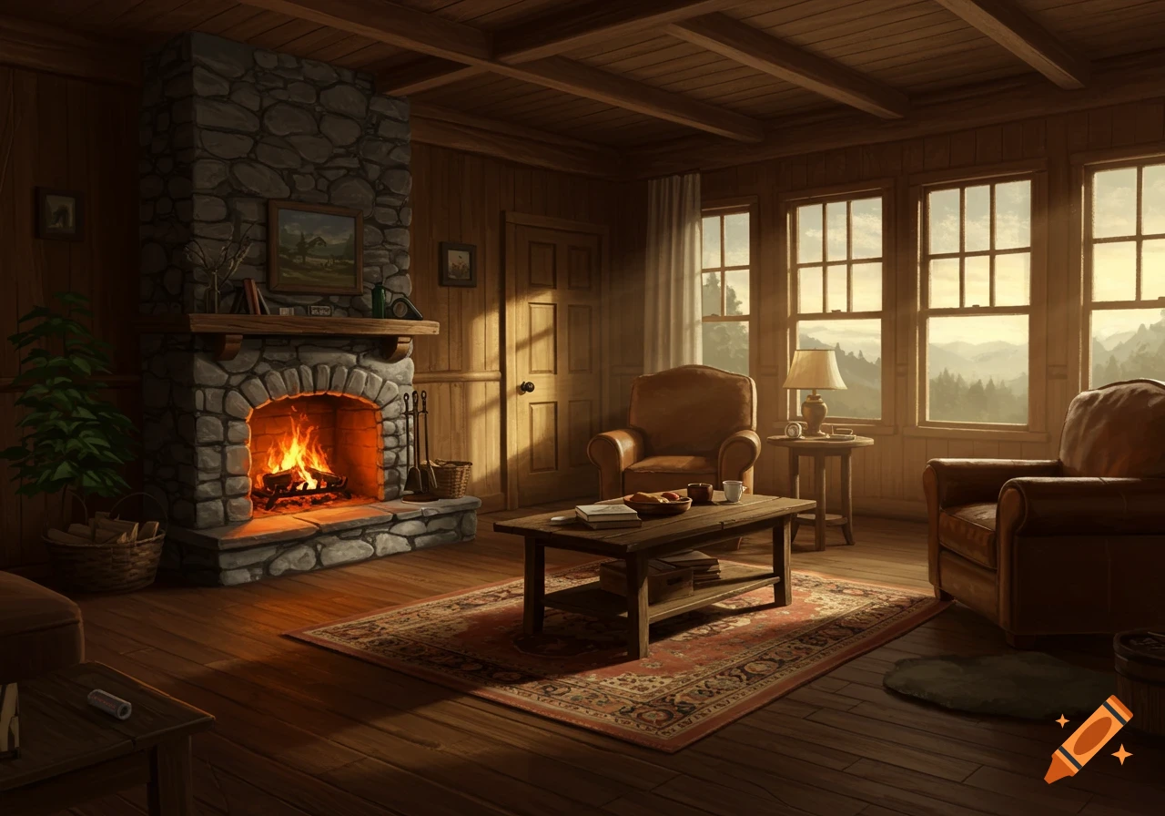 Cozy cabin living room with a stone fireplace, leather chairs, and a view of mountains.