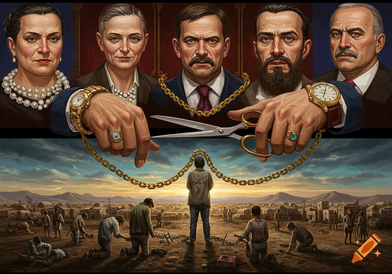 Allegorical image: powerful figures hold chains connected to oppressed people in a poor town, one figure attempts to cut the chain.
