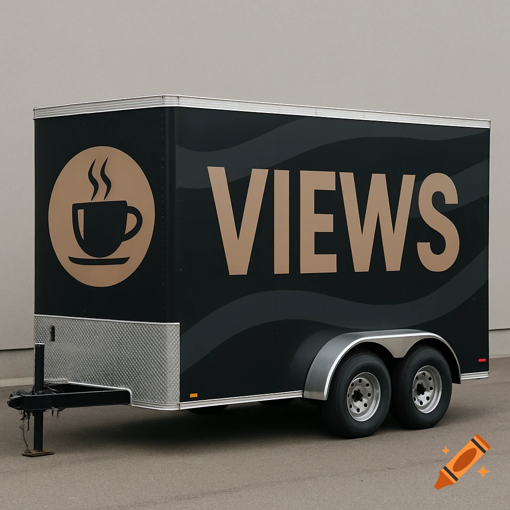 A black and taupe trailer wrap with a coffee logo and the word VIEWS.