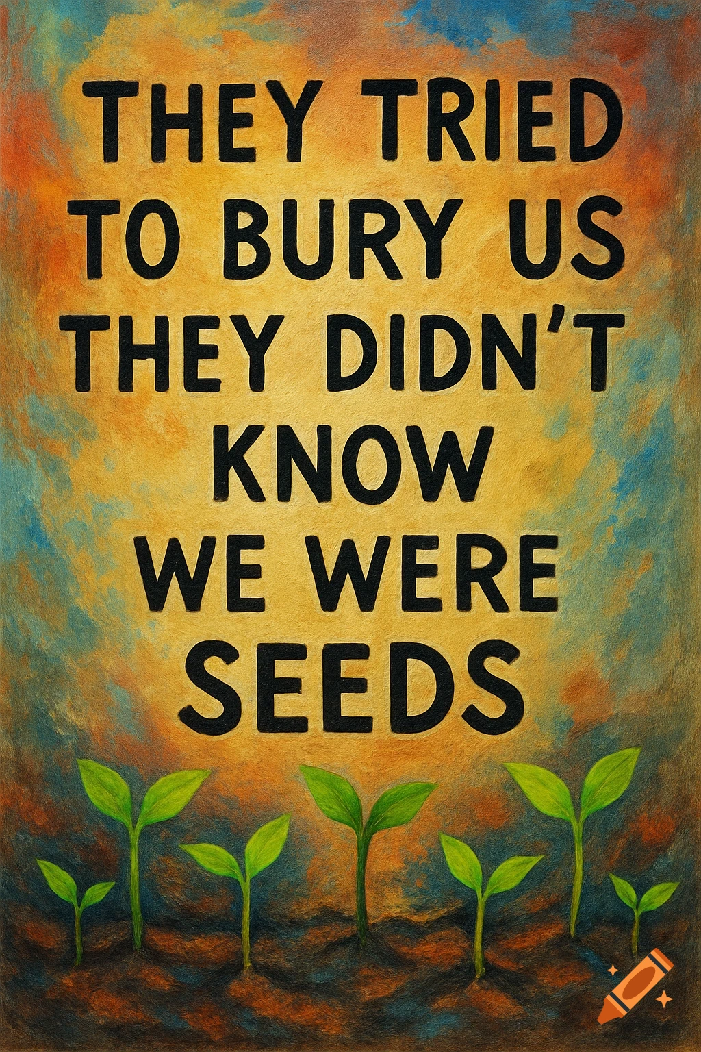The quote "THEY TRIED TO BURY US THEY DIDN'T KNOW WE WERE SEEDS" in black letters over a textured yellow-orange background, with green plant sprouts growing from soil below.