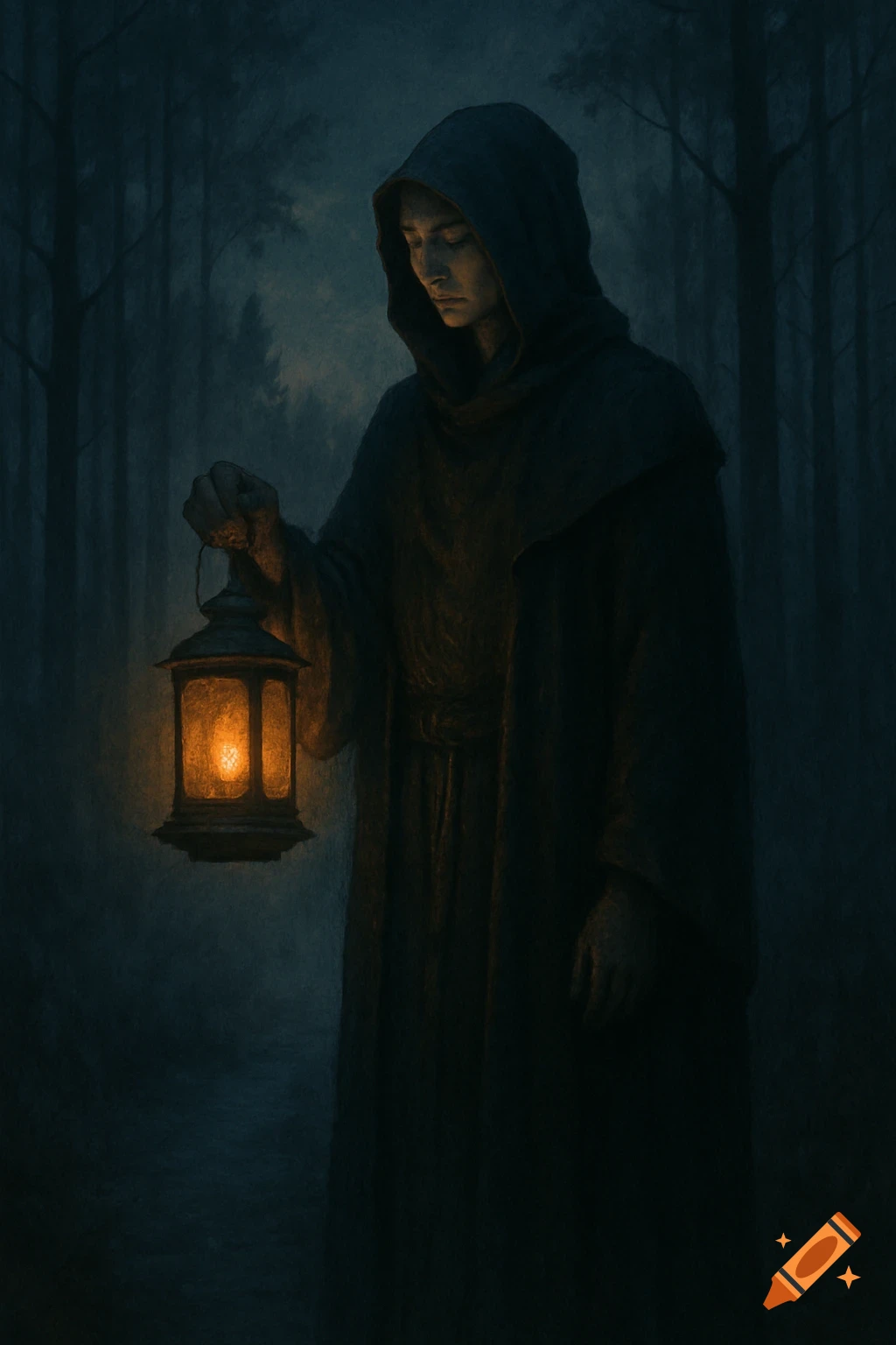 A cloaked figure stands holding a glowing lantern in a dark forest.