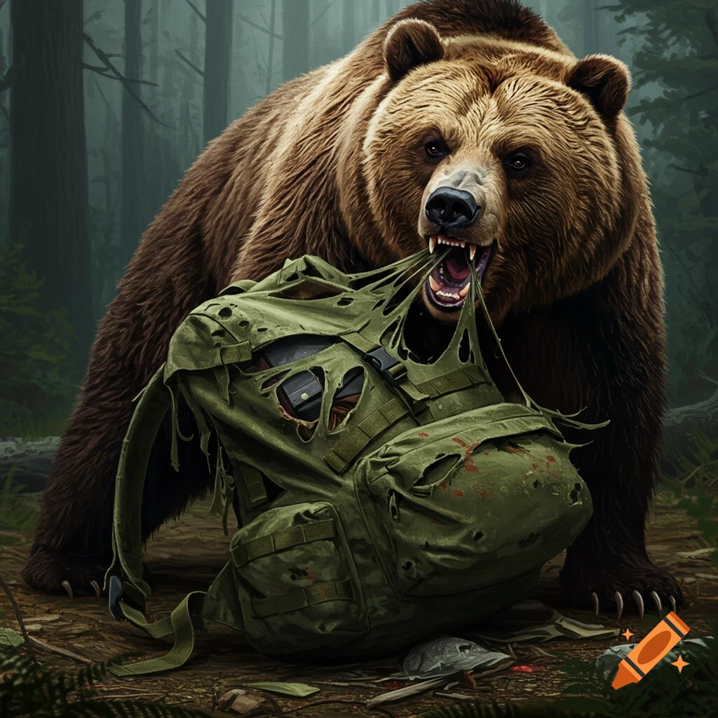 A brown bear tears apart a green backpack in a forest.