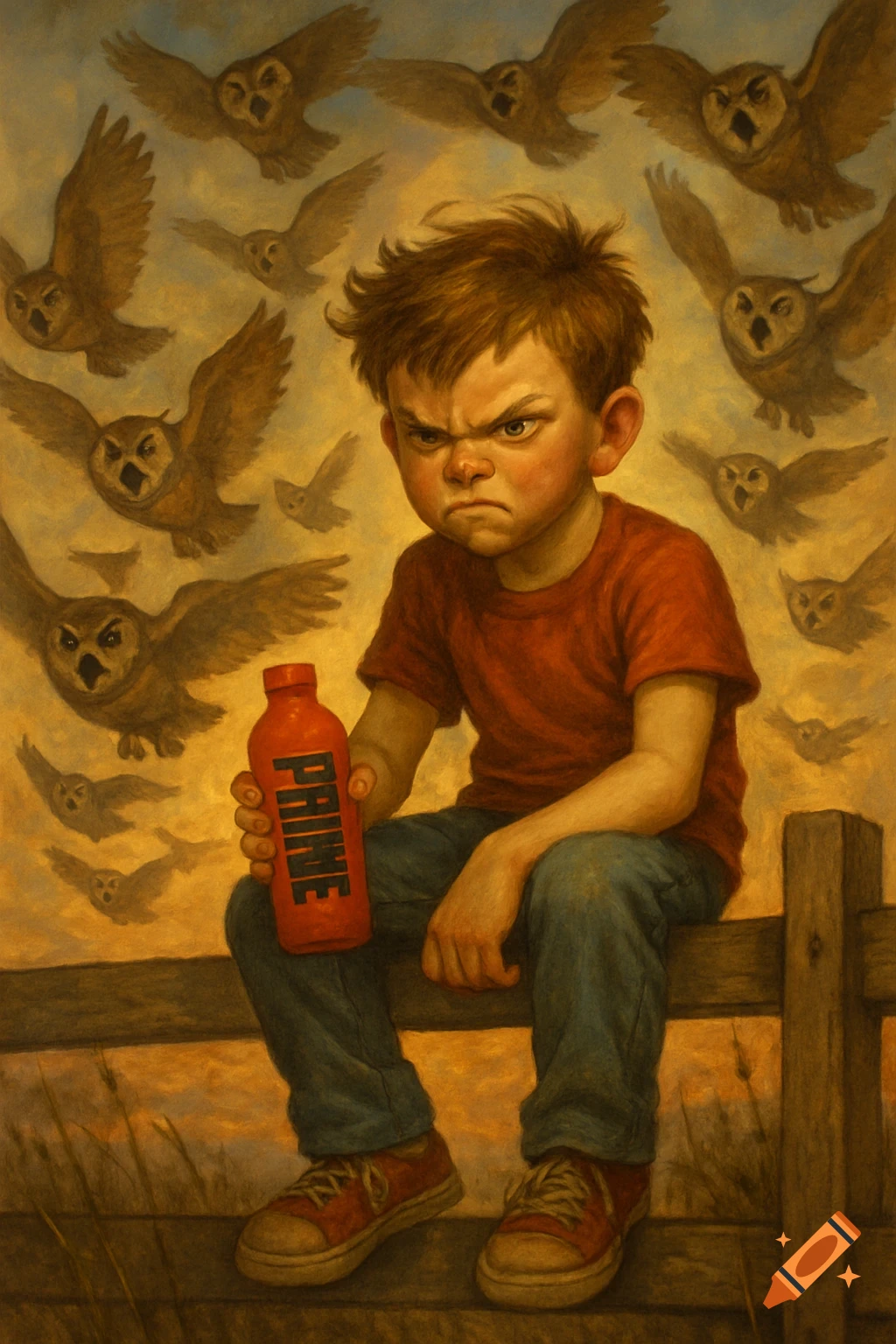 Angry boy sits on a fence holding a bottle, surrounded by flying owls, painting style.