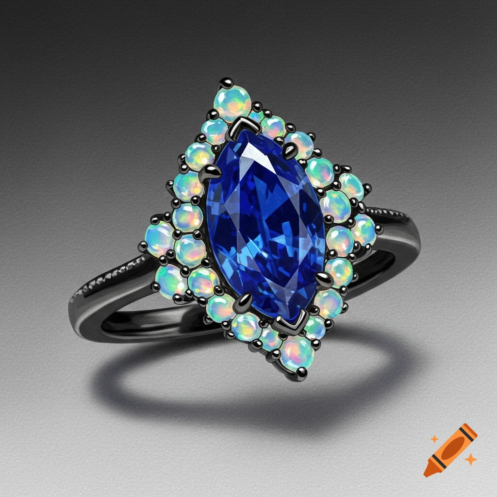 Close-up of a ring with a dark band, a large blue marquise-cut stone, and smaller opal stones surrounding it.
