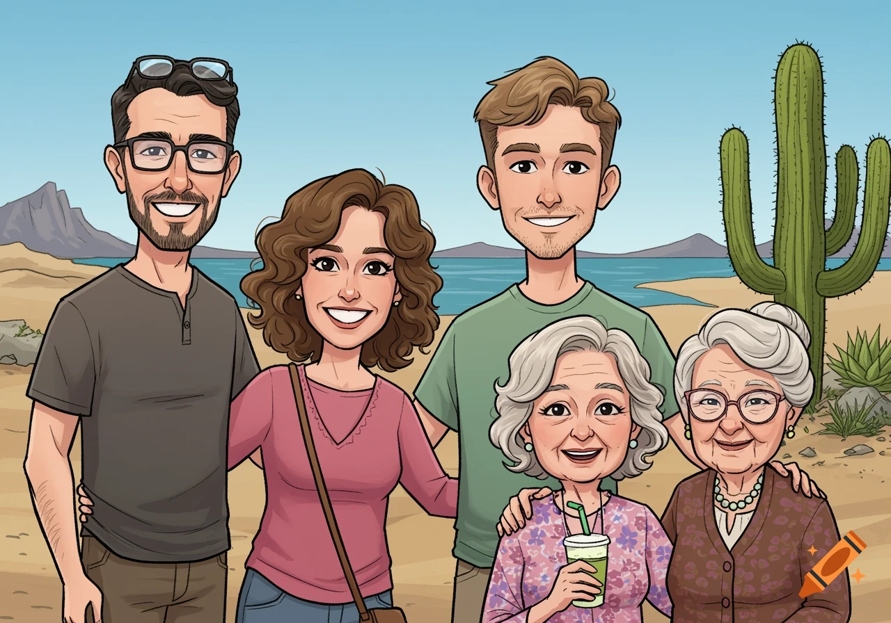 Cartoon illustration of a family posing in a desert landscape with an ocean and saguaro cactus.