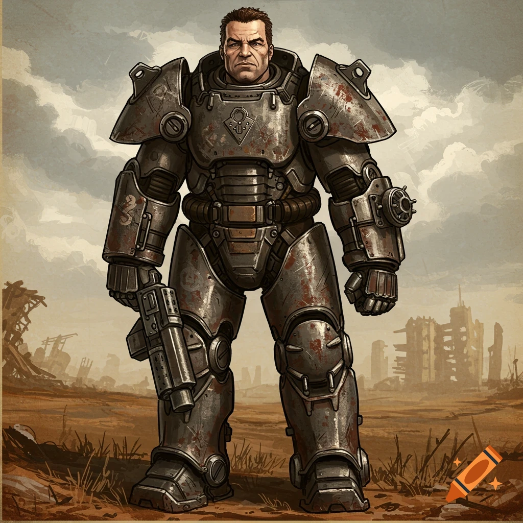 Man in power armor stands in a wasteland, digital illustration.