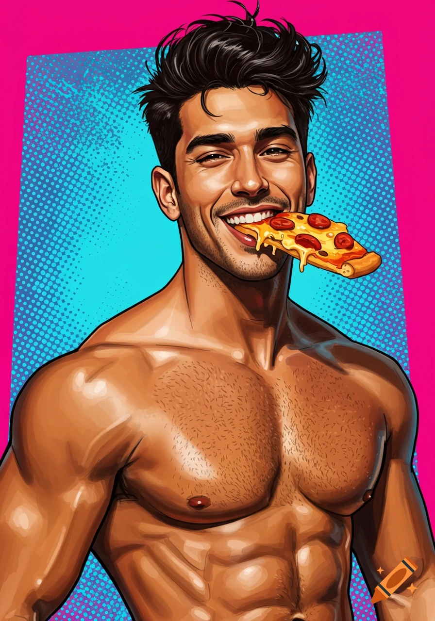 Shirtless muscular man eating a slice of pizza in a pop art style