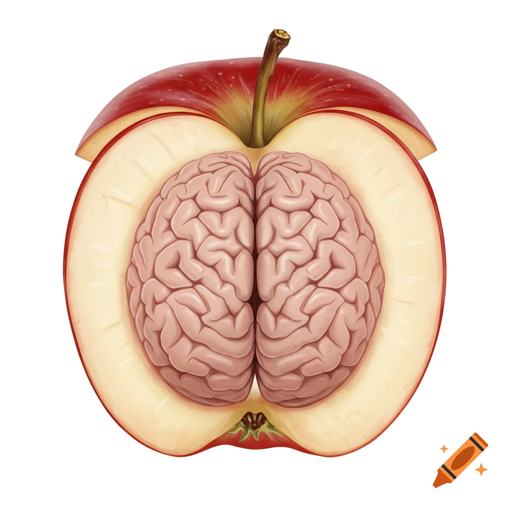 Illustration of a detailed human brain nestled inside a halved red apple.