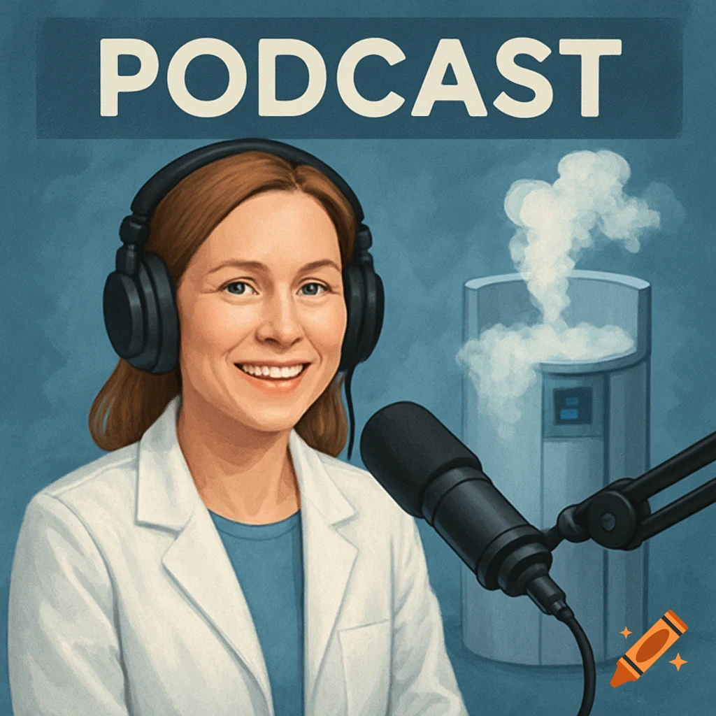 Illustrated portrait of a woman in a lab coat with headphones and microphone, with the word PODCAST above.