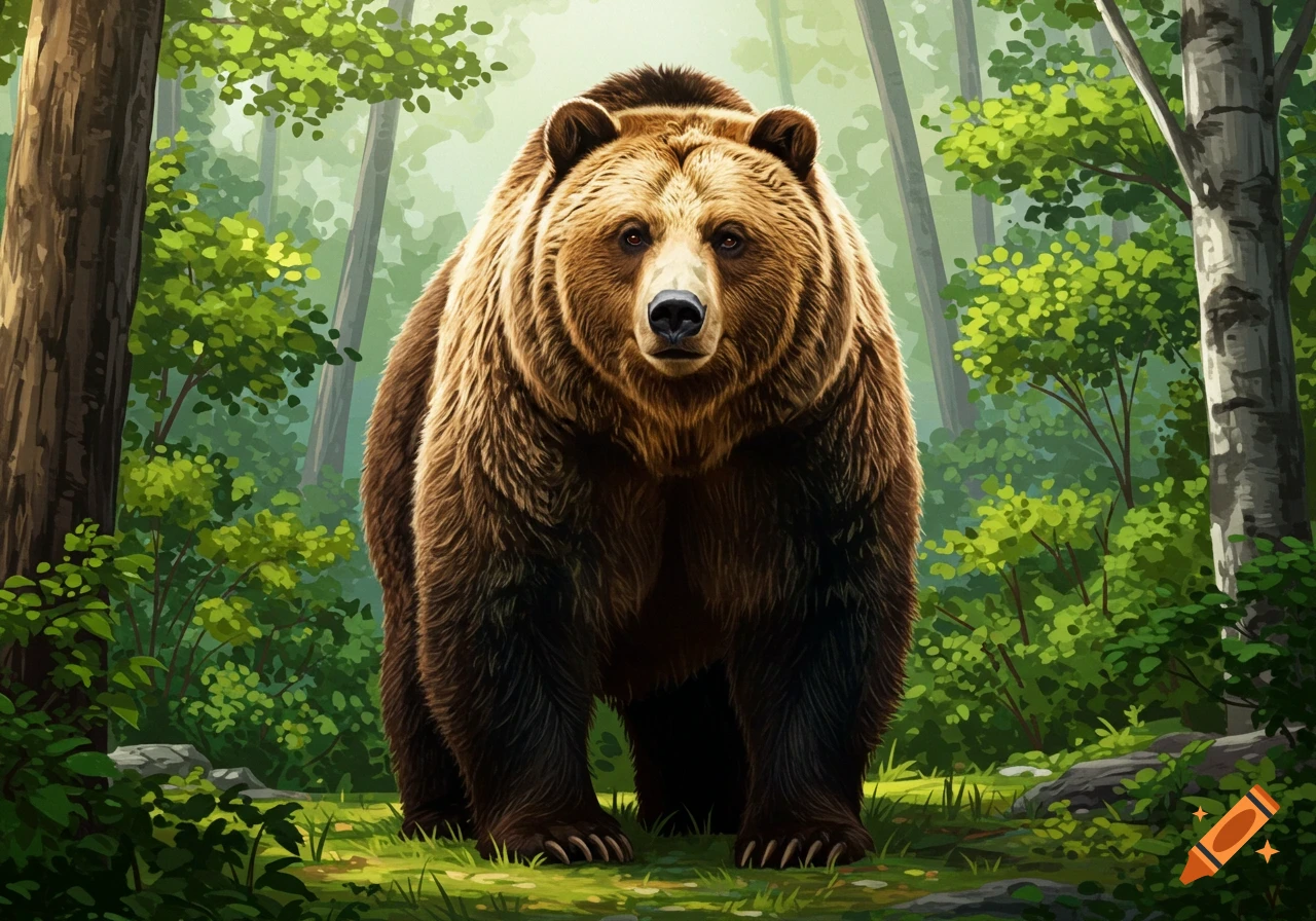 A large brown bear stands facing forward in a sunlit forest clearing.