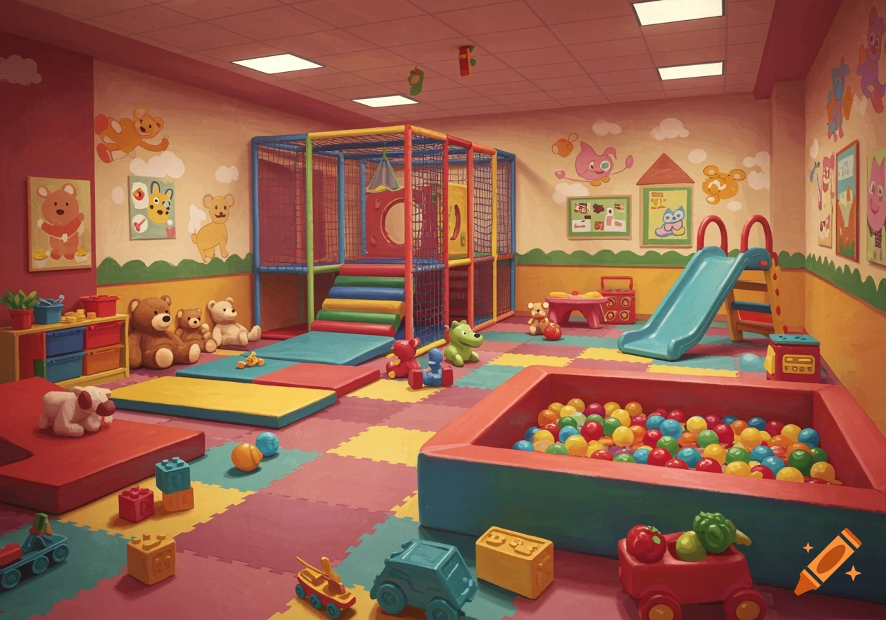 A brightly colored indoor children's play area with a climbing structure, slide, ball pit, and various toys on a foam tile floor.