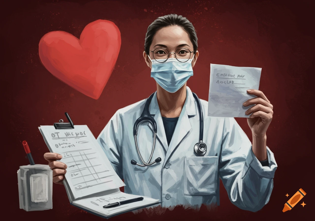 A doctor in mask and glasses holds a clipboard and note, with a red heart floating nearby, painterly style.