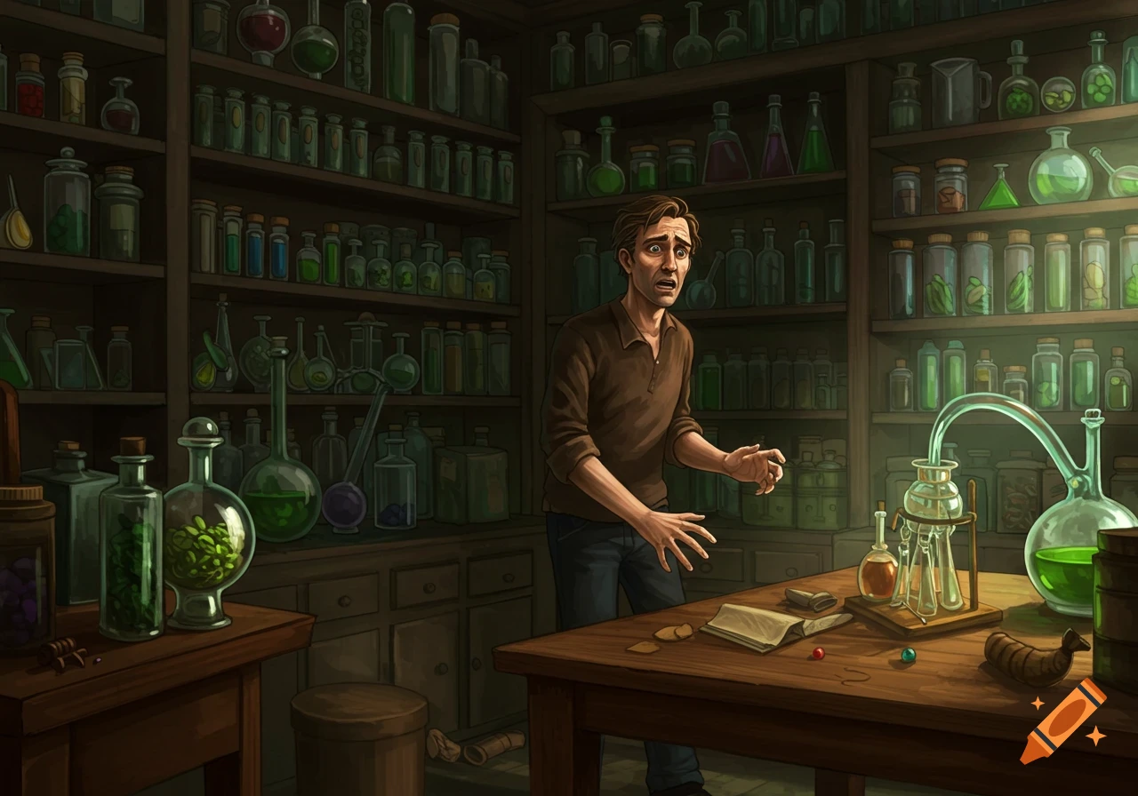 An illustration of a nervous man standing in a room filled with shelves of jars and bottles, with lab equipment on a table.