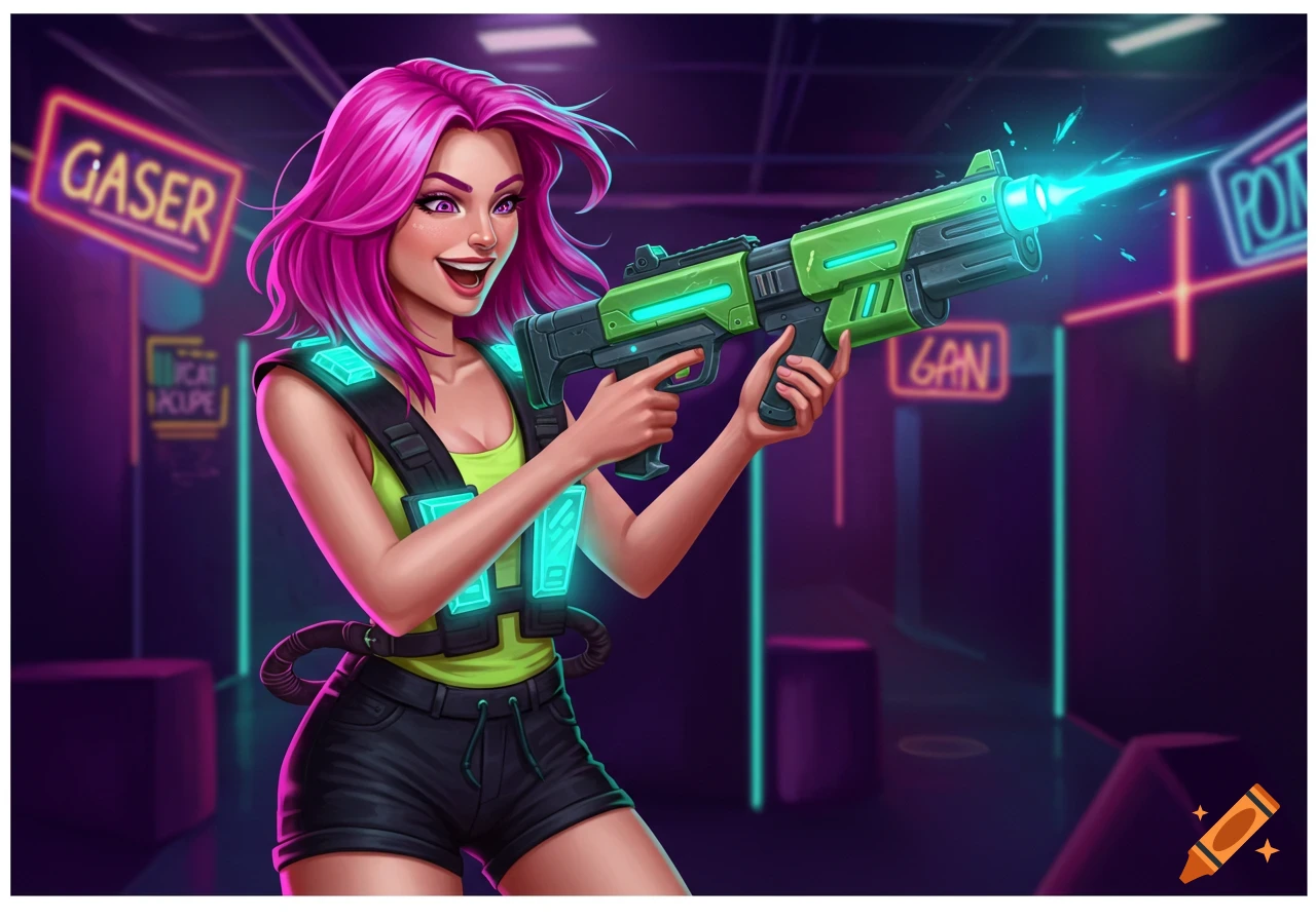 Woman with pink hair holds a laser tag gun in a neon arena