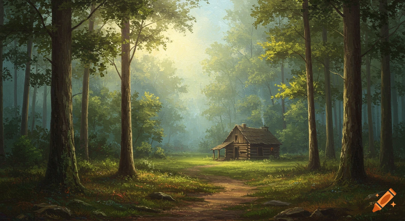 Oil painting of a log cabin nestled in a sunlit forest clearing. on Craiyon