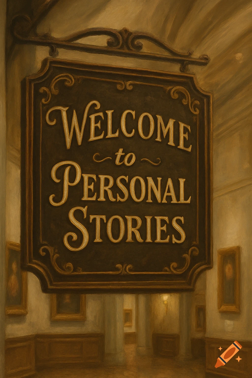 A painterly image of a sign reading 'Welcome to Personal Stories' hanging in a museum hallway.