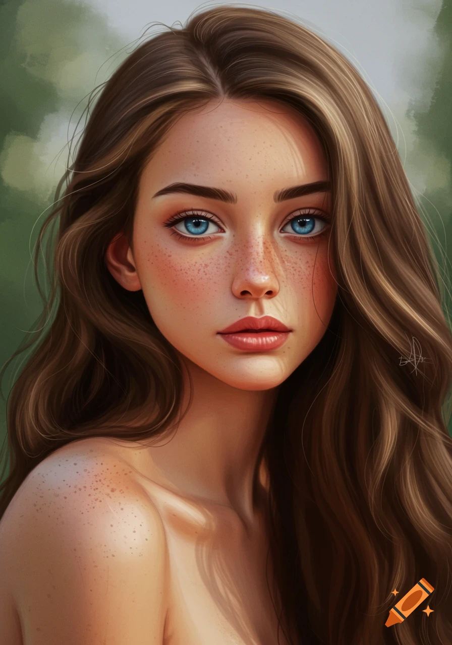 Realistic portrait of a woman with blue eyes, freckles, and long brown hair.