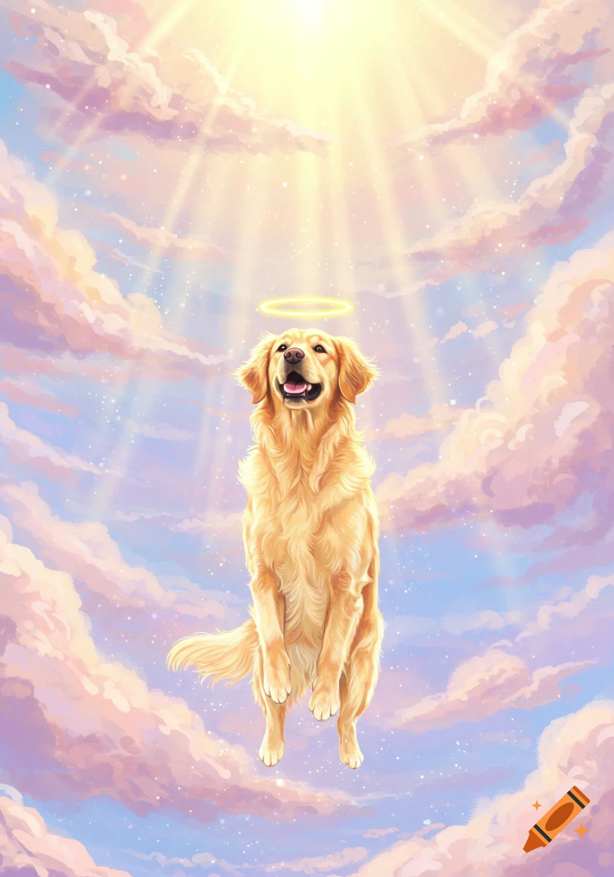 Golden retriever dog floats among pink and purple clouds with a halo and sun rays