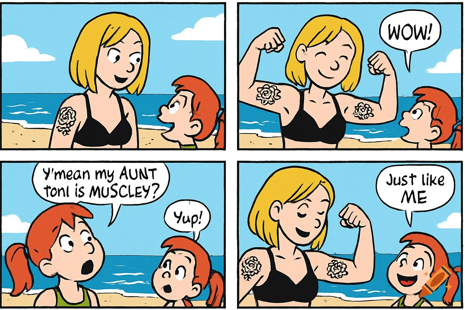 Four-panel comic strip of a woman flexing muscles for a child on the beach.