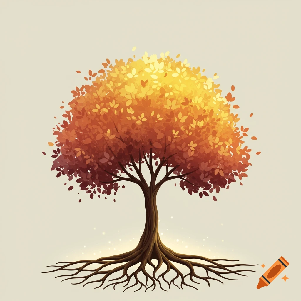 A stylized digital illustration of a tree with glowing roots and warm autumn leaves.