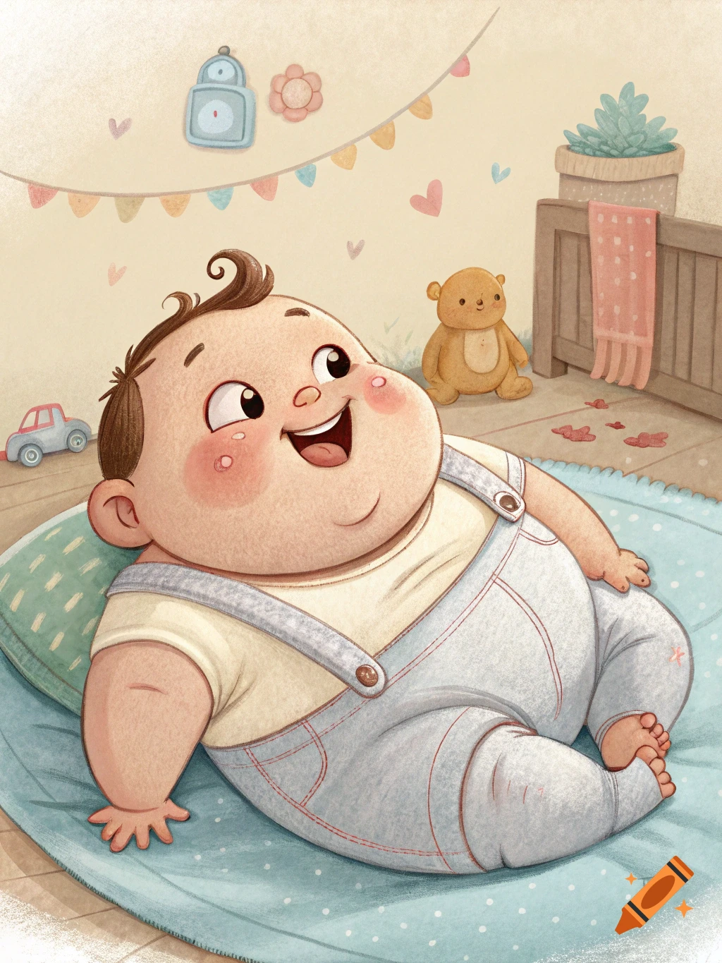 A round, happy cartoon baby lies on a polka dot mat in a nursery with toys.