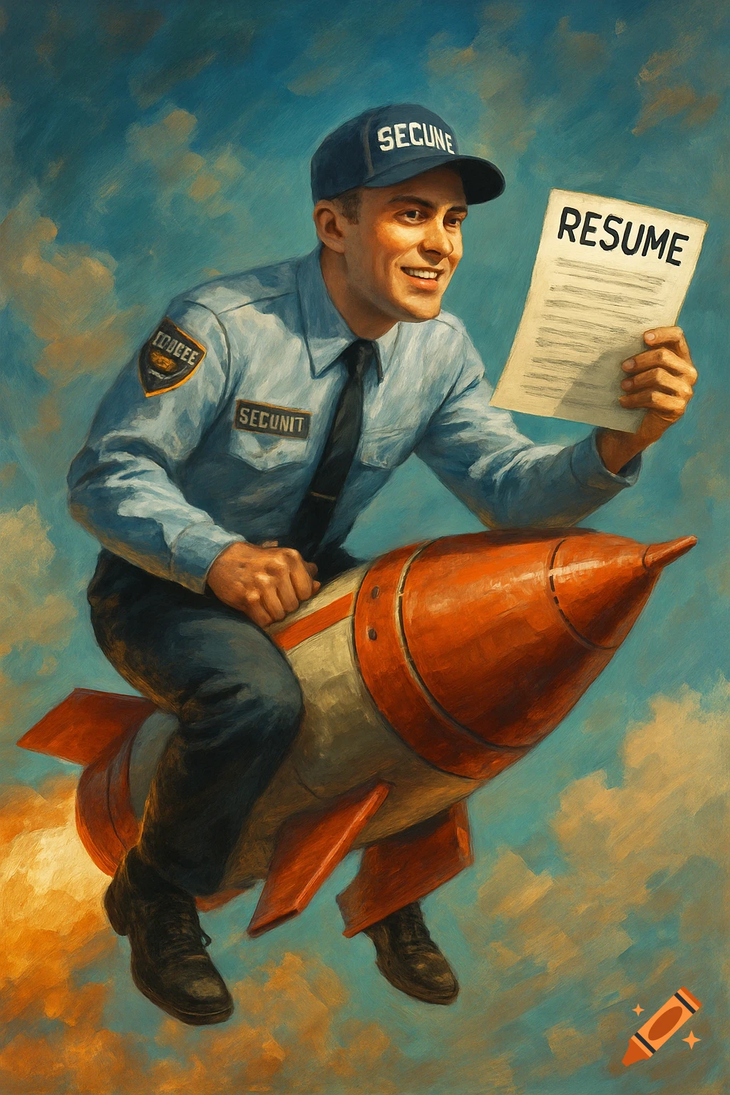 Illustrated man in security uniform riding a rocket while holding a resume