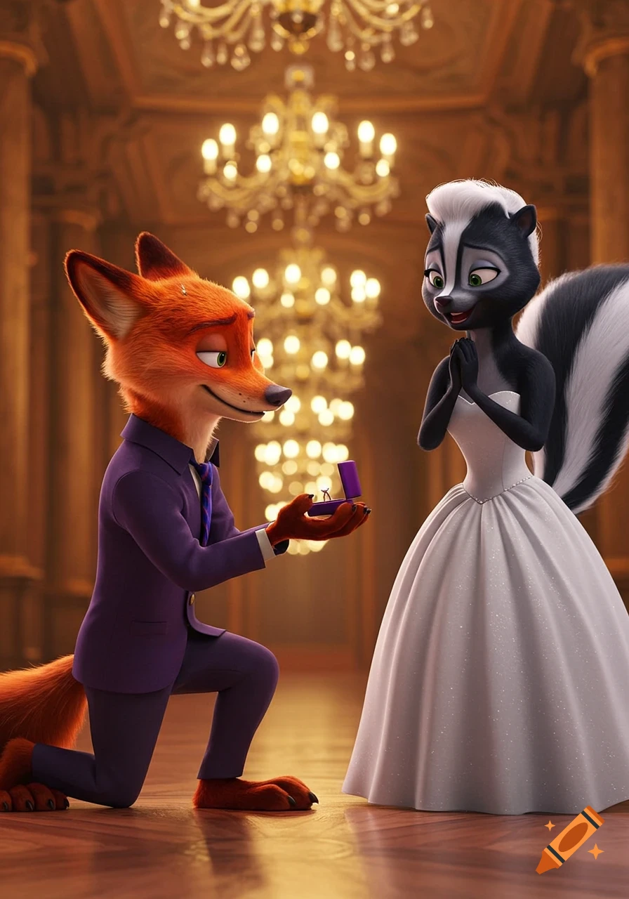 Animated fox character proposes to a skunk character in a grand ballroom.