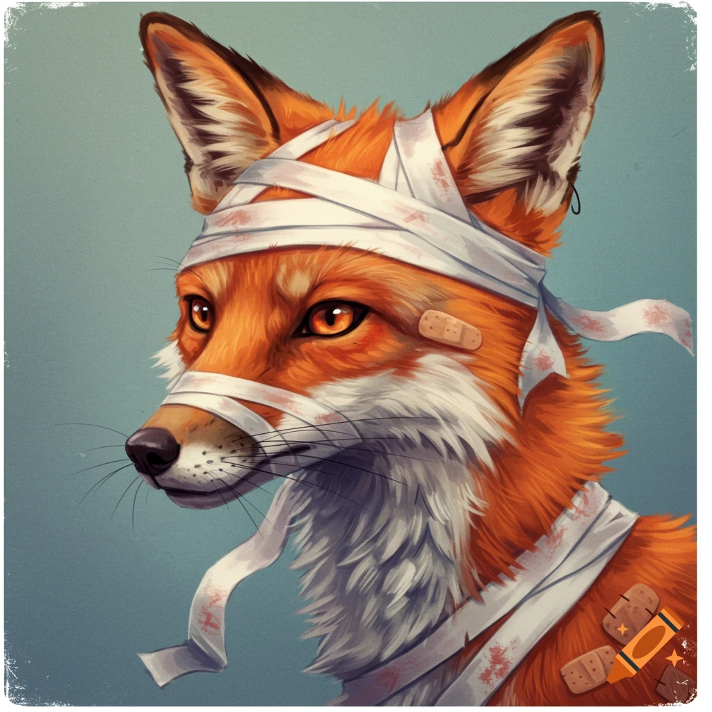 Digital painting of a fox covered in bandages
