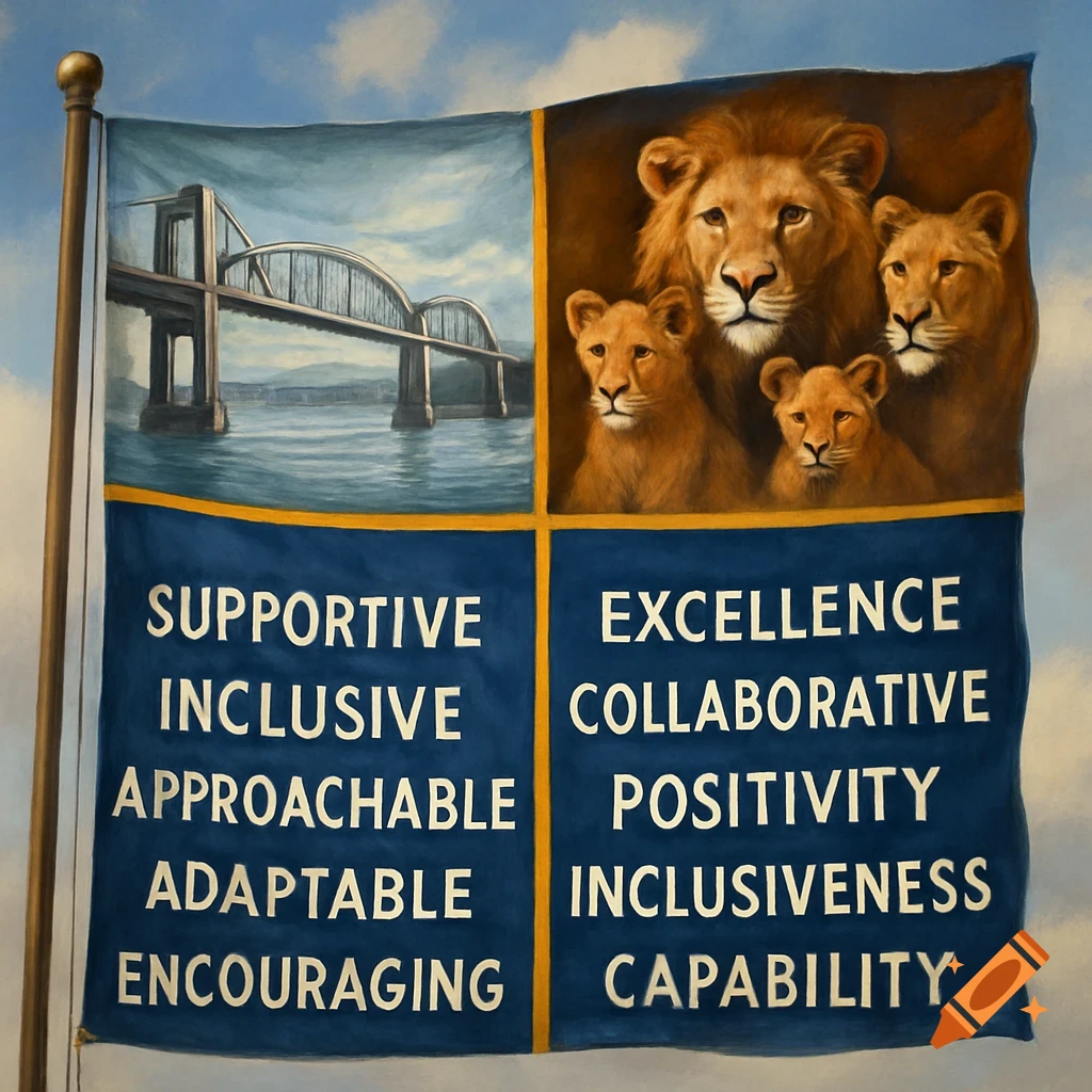 Painting of a flag with a bridge, lions, and text listing values like Supportive, Inclusive, Excellence.