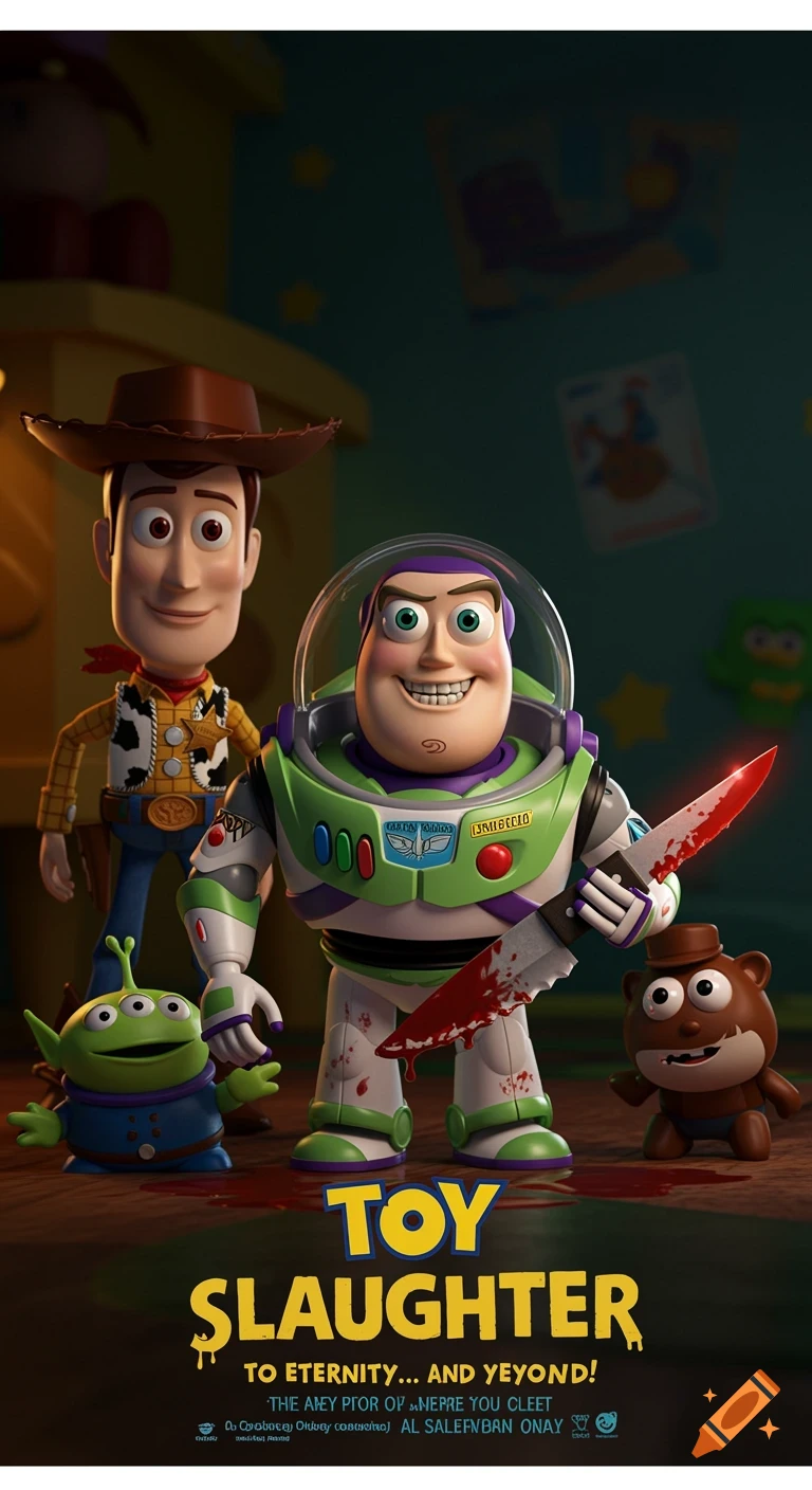 Movie poster for 'Toy Slaughter' showing Buzz Lightyear with a bloody knife next to Woody, an alien, and a bear toy in a dark room.