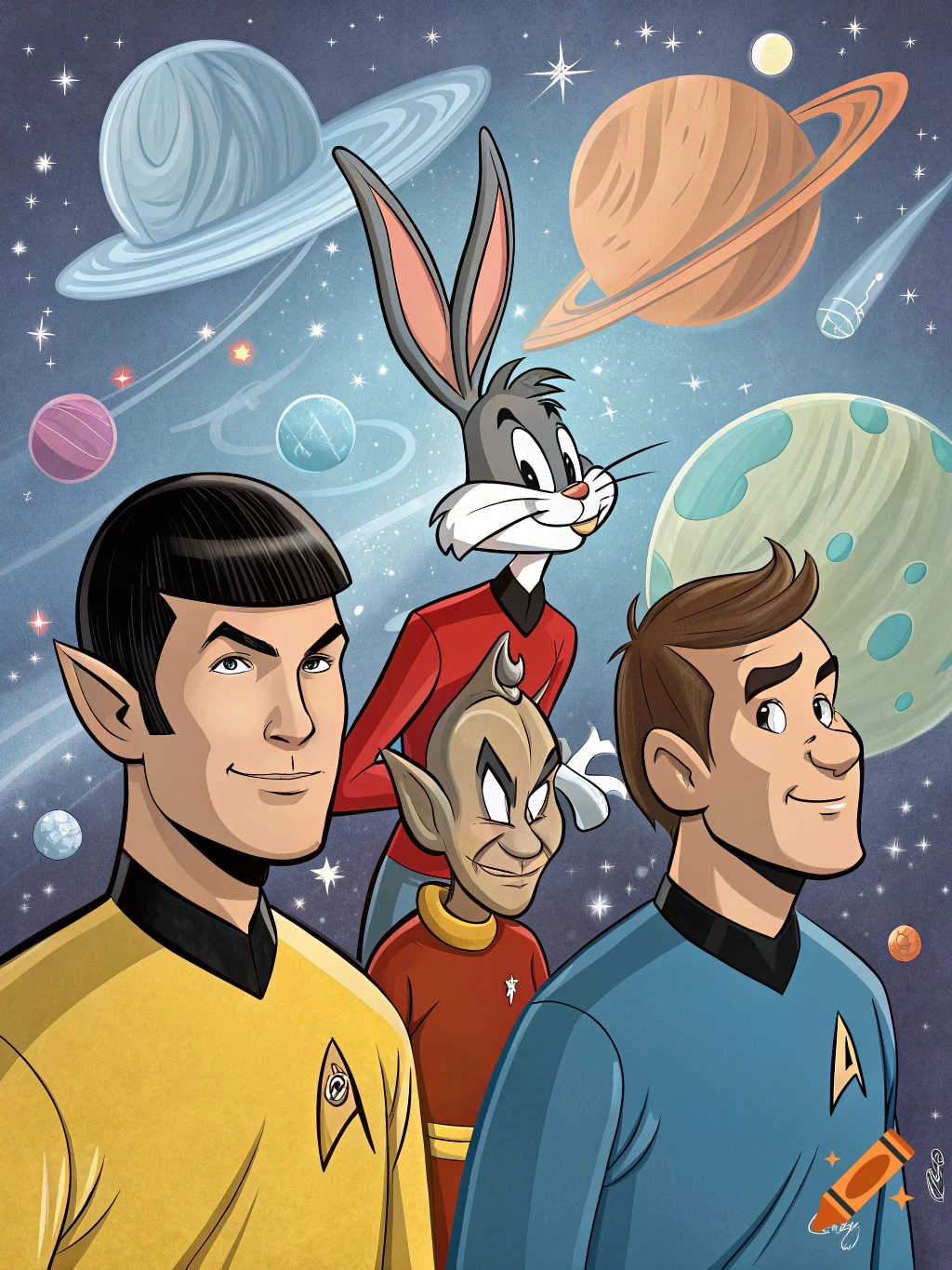 Spock, Captain Kirk, an alien, and Bugs Bunny in Star Trek uniforms pose in space.
